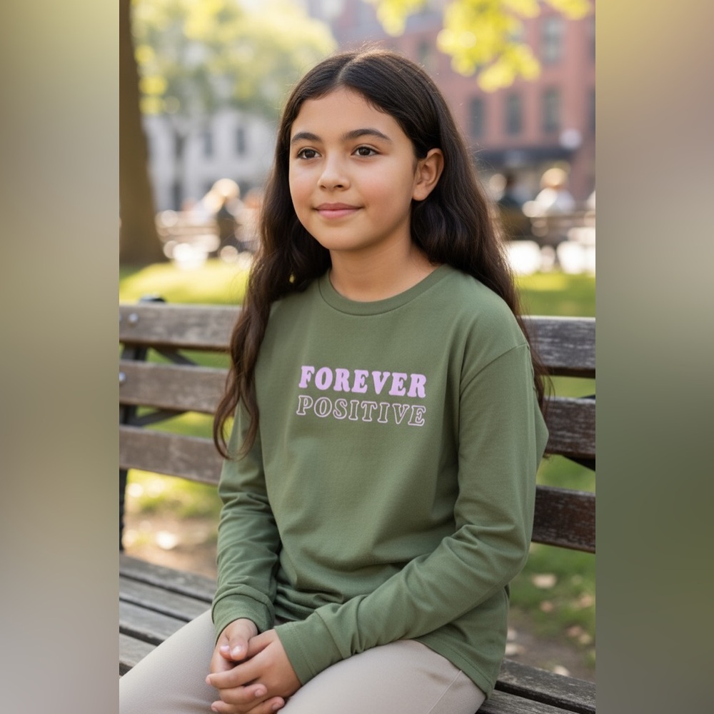 Youth Olive 'Forever Positive' Long Sleeve Tee